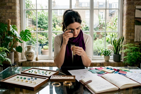 Jewelry designer inspecting ethical necklace in studio