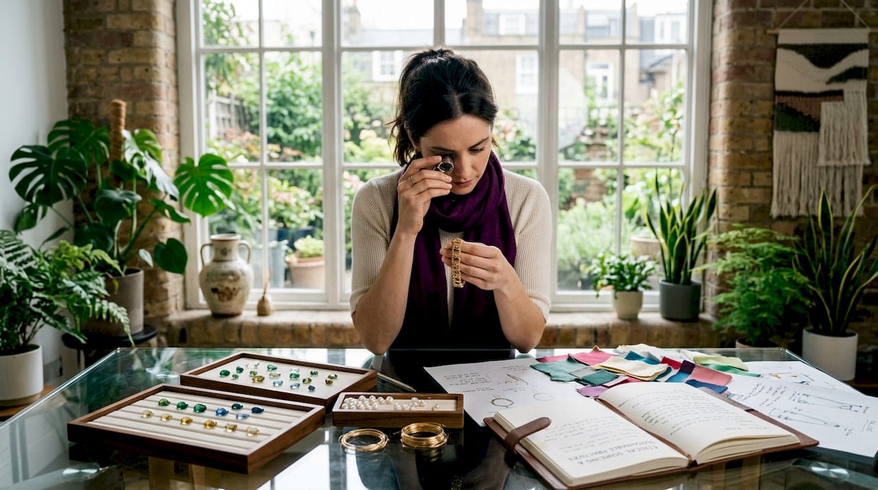 Jewelry designer inspecting ethical necklace in studio