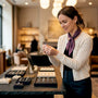 Woman examining conflict-free fine jewelry in boutique