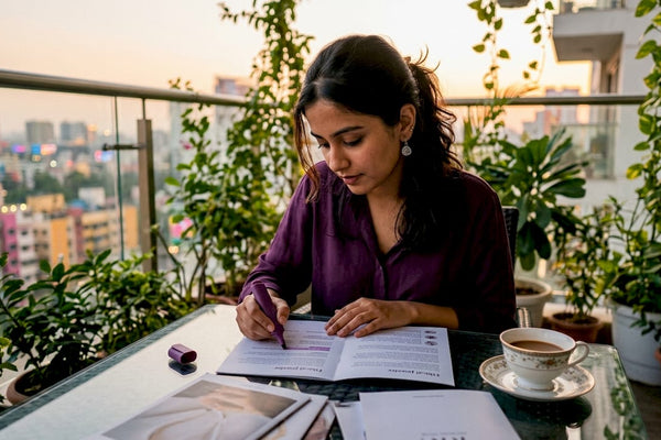Woman researching ethical jewelry at kitchen table