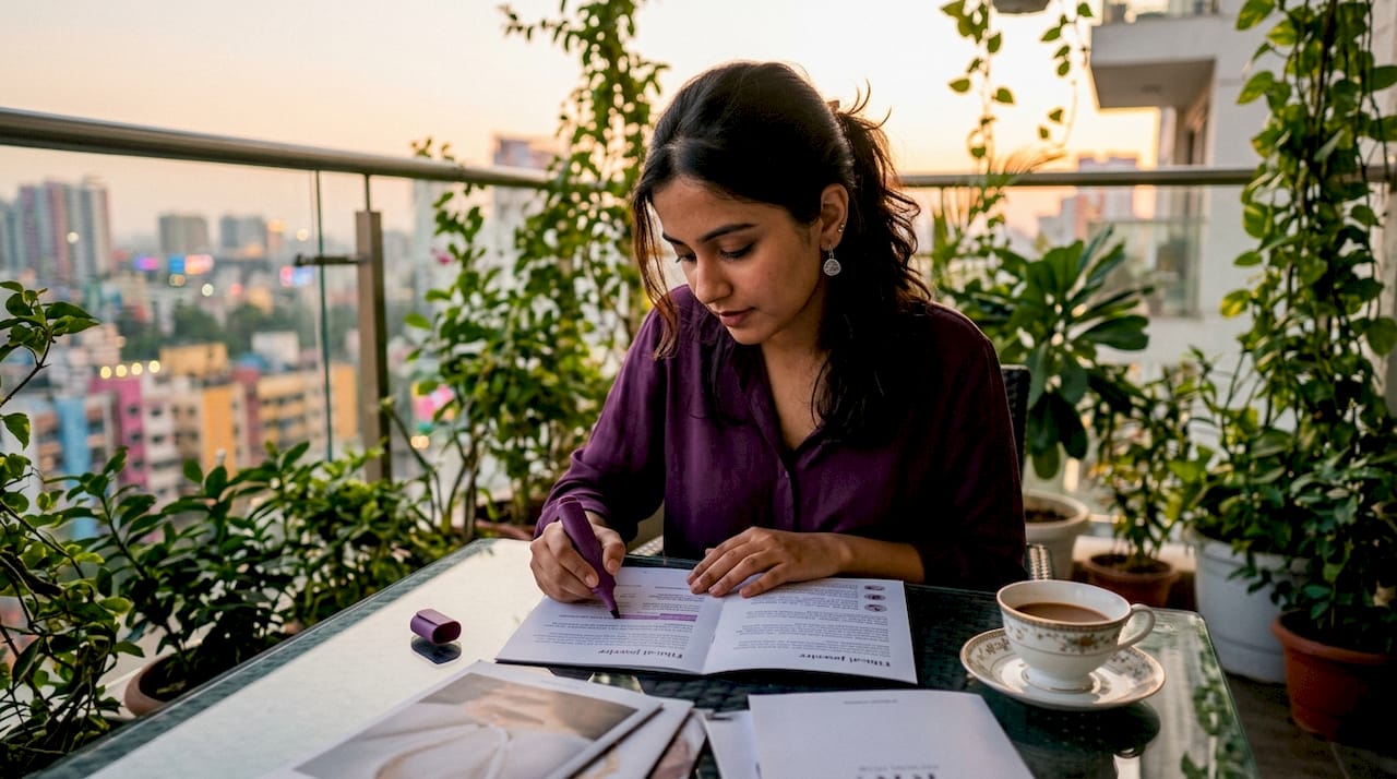 Woman researching ethical jewelry at kitchen table