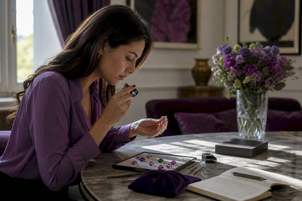 Buyer examining loose gemstones in home setting