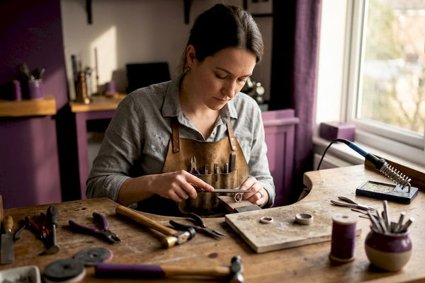 Female artisan filing silver ring on workbench