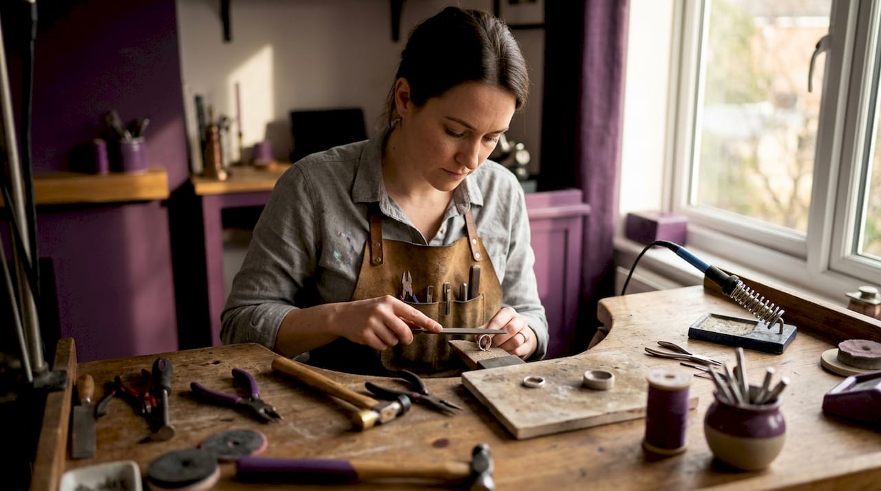 Female artisan filing silver ring on workbench