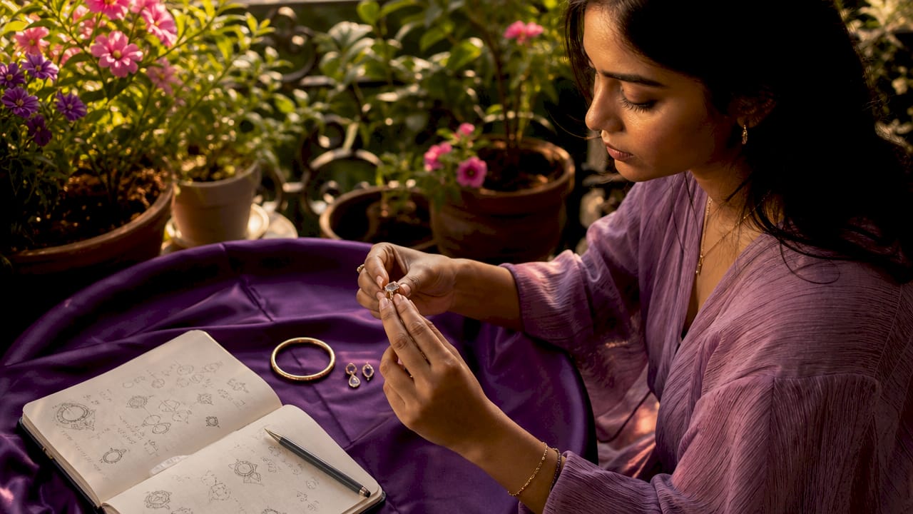 Woman inspecting sustainable jewelry at home