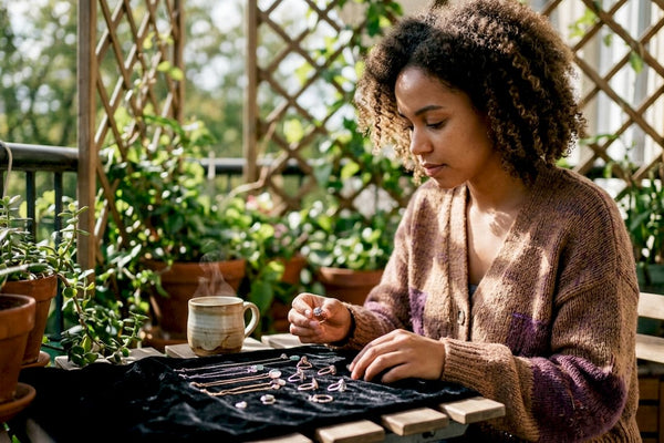 Woman examining lab-grown gemstone jewelry at table