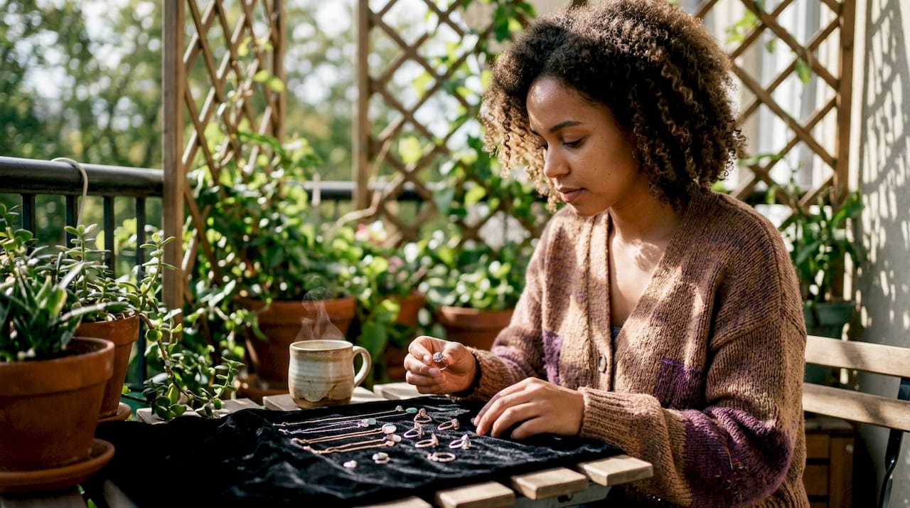 Woman examining lab-grown gemstone jewelry at table