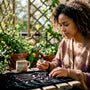 Woman examining lab-grown gemstone jewelry at table