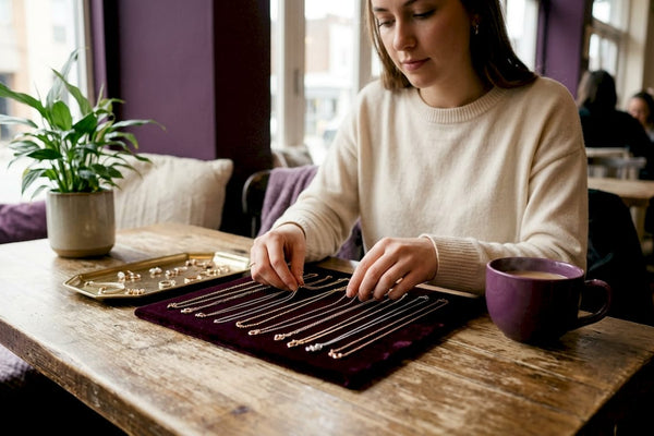 Woman arranging layered necklaces indoors