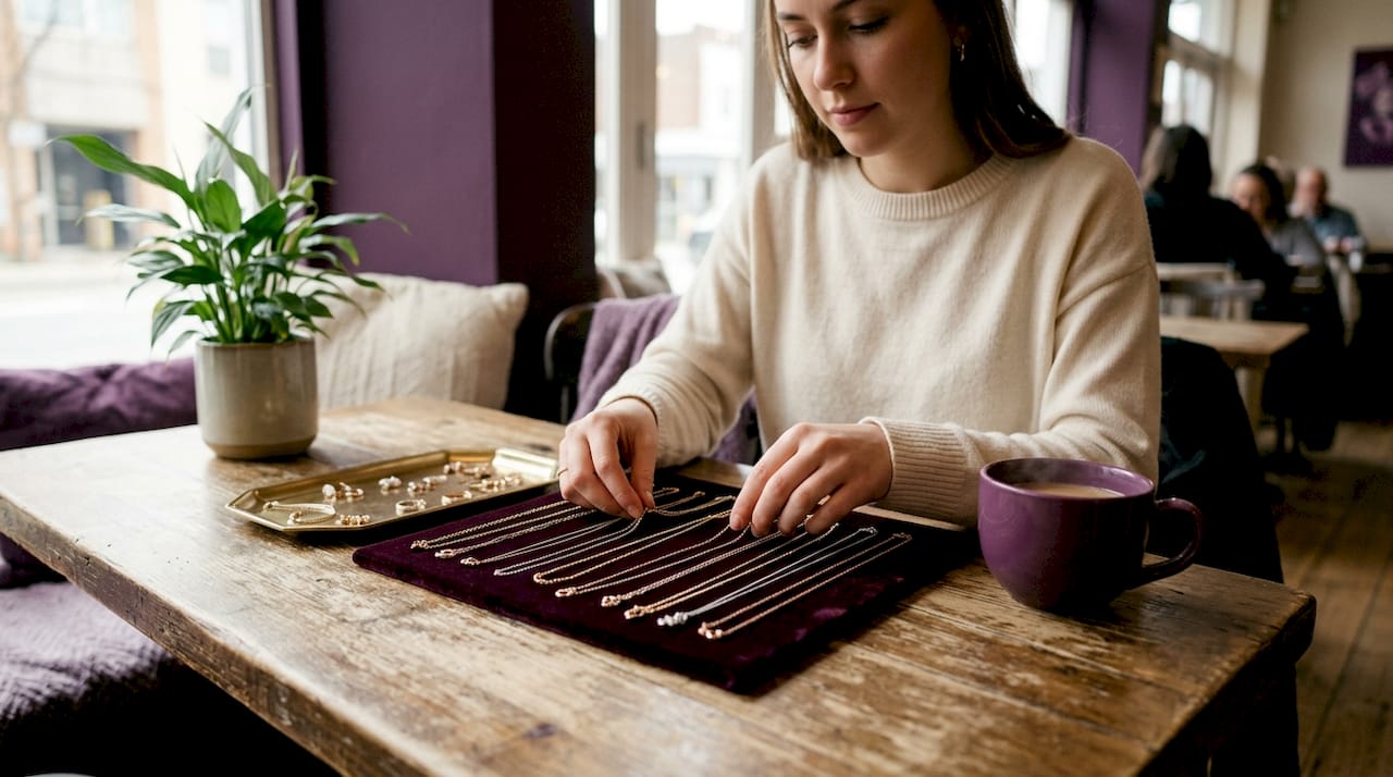 Woman arranging layered necklaces indoors