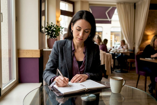 Professional woman wearing minimalist jewelry at desk