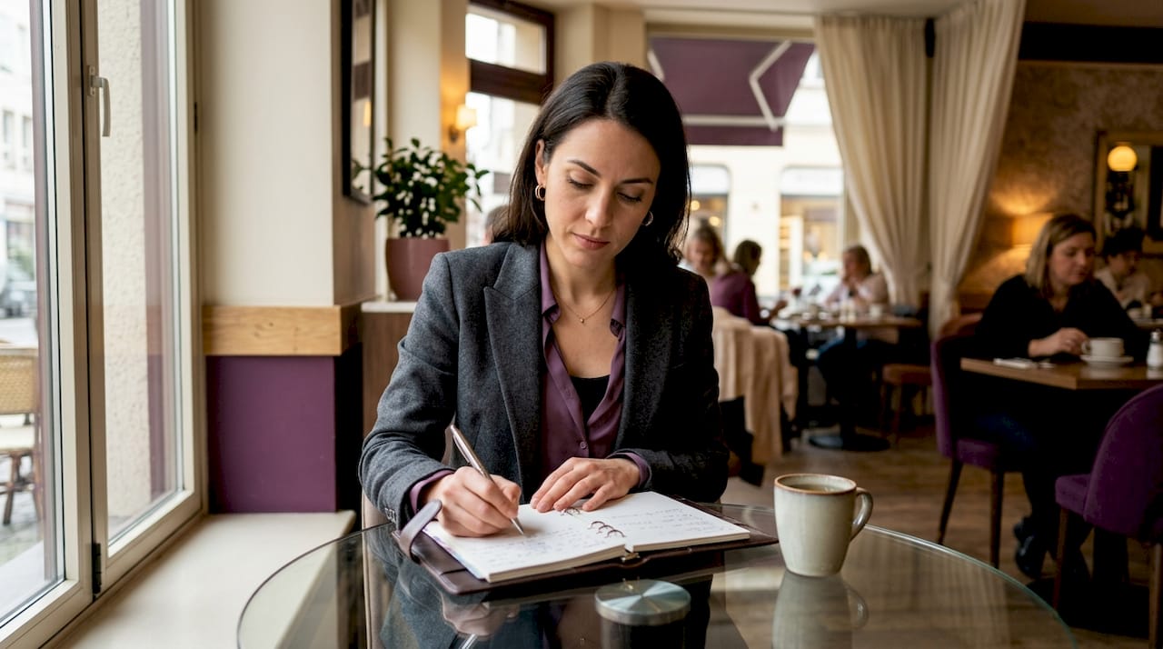 Professional woman wearing minimalist jewelry at desk