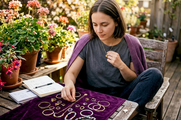 Woman inspecting affordable jewelry at home