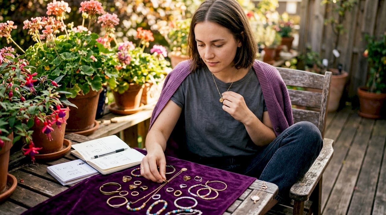 Woman inspecting affordable jewelry at home