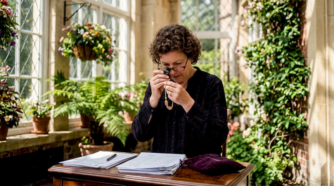 Woman appraising gold necklace at desk
