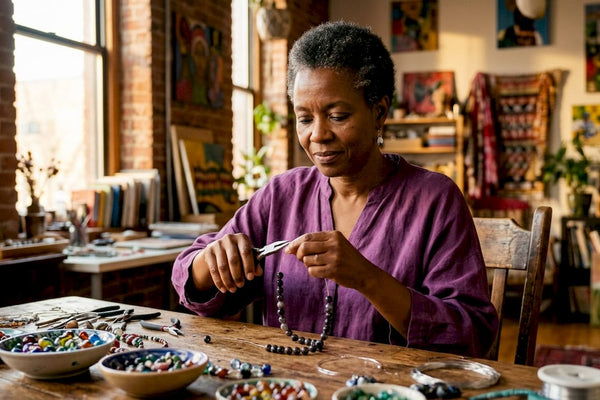 Woman crafting silver necklace in workshop
