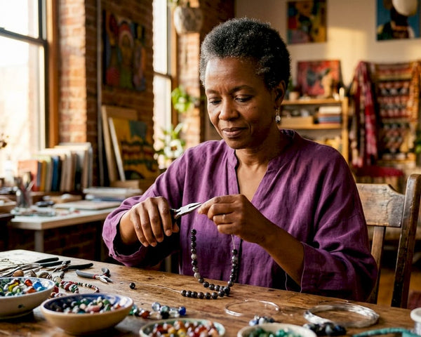 Woman crafting silver necklace in workshop