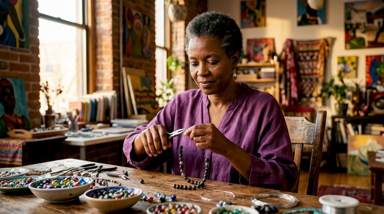 Woman crafting silver necklace in workshop