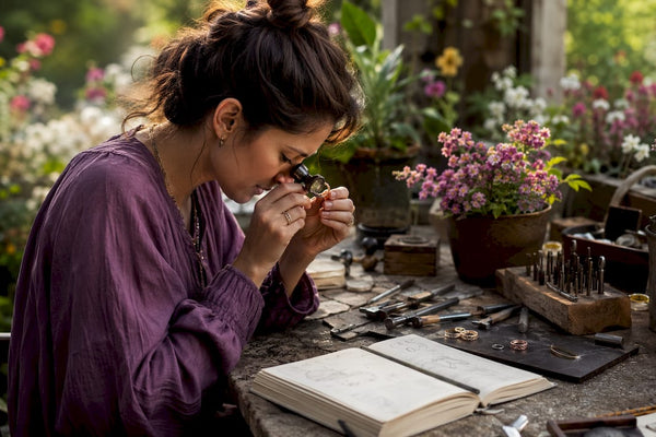 Jewelry designer inspecting recycled rings at workbench