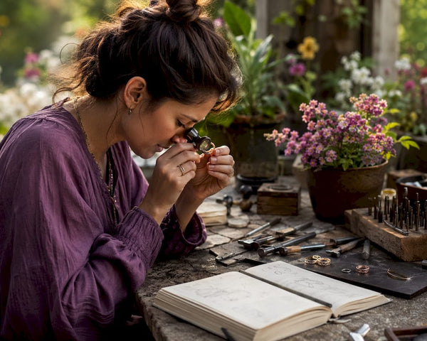 Jewelry designer inspecting recycled rings at workbench