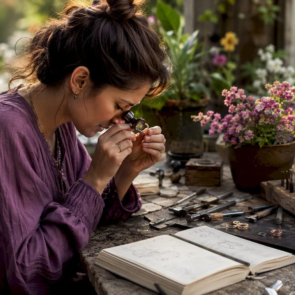 Jewelry designer inspecting recycled rings at workbench