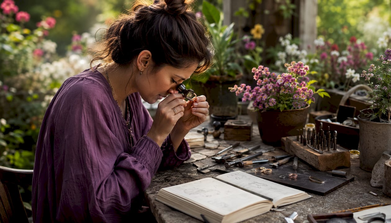 Jewelry designer inspecting recycled rings at workbench