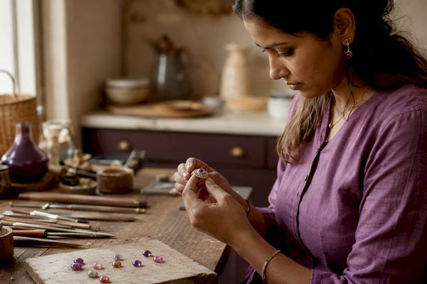 Artisan inspecting handmade slow fashion jewelry