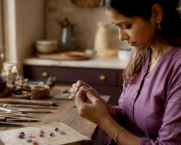 Artisan inspecting handmade slow fashion jewelry