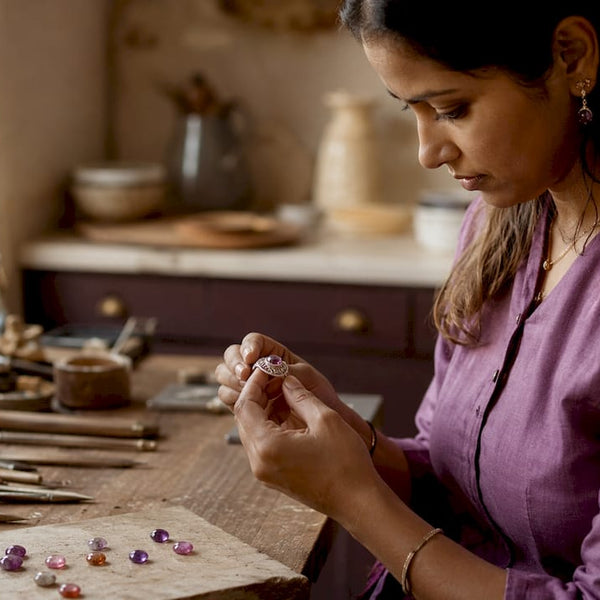 Artisan inspecting handmade slow fashion jewelry