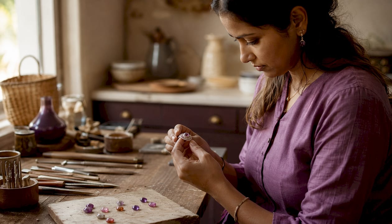 Artisan inspecting handmade slow fashion jewelry