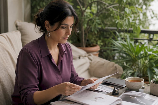 Woman reviewing ethical moissanite jewelry documents