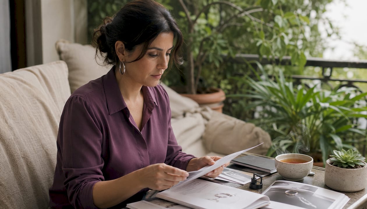 Woman reviewing ethical moissanite jewelry documents