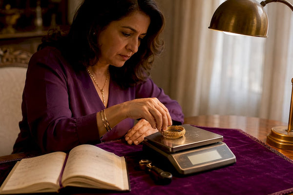 Woman weighing gold jewelry on scale