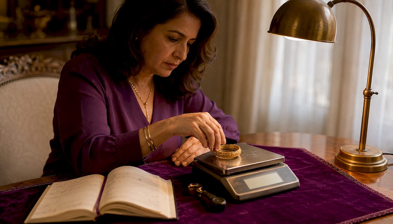 Woman weighing gold jewelry on scale