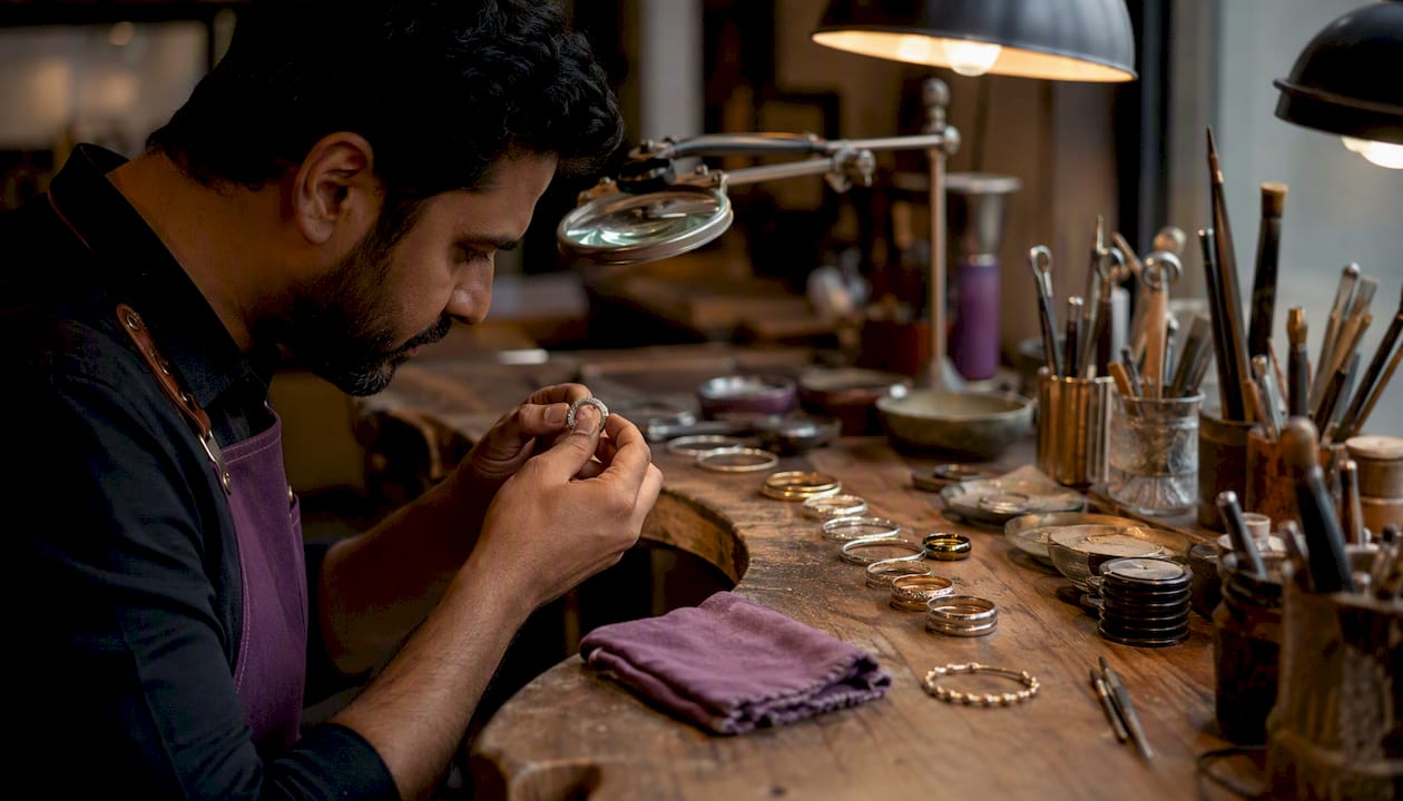 Jewelry finishes comparison on artisan workbench