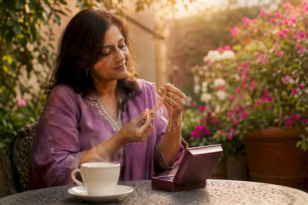 Woman holding heirloom necklace at home