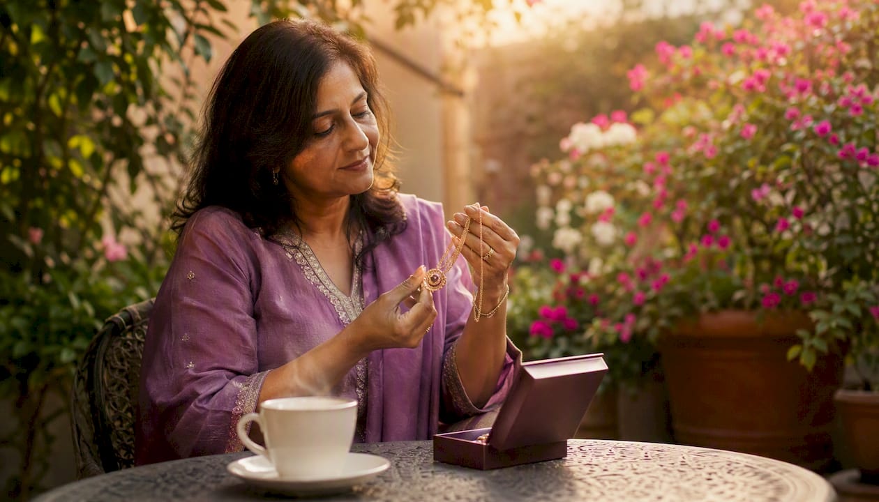 Woman holding heirloom necklace at home