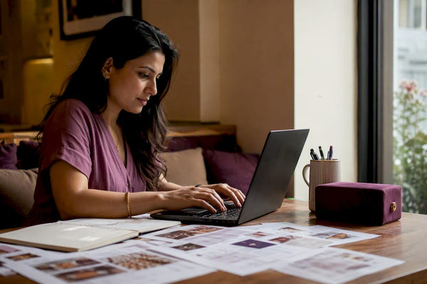 Woman negotiating jewelry prices online at home