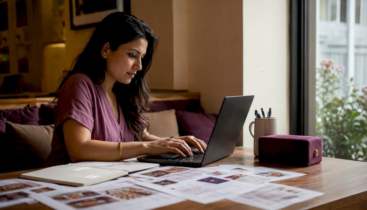 Woman negotiating jewelry prices online at home