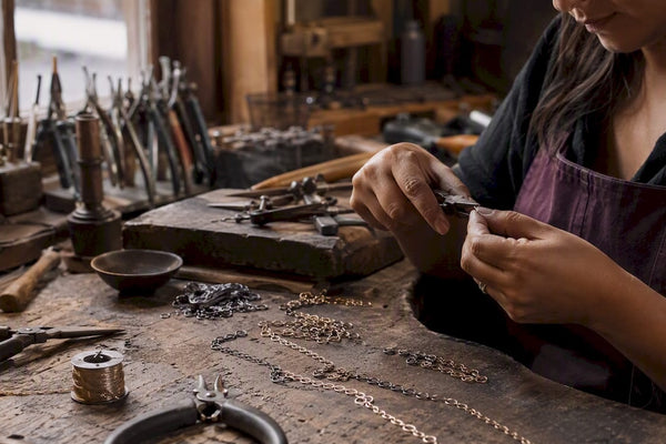 Hands crafting necklace chain links