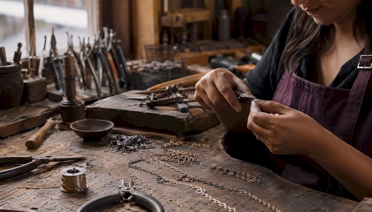 Hands crafting necklace chain links