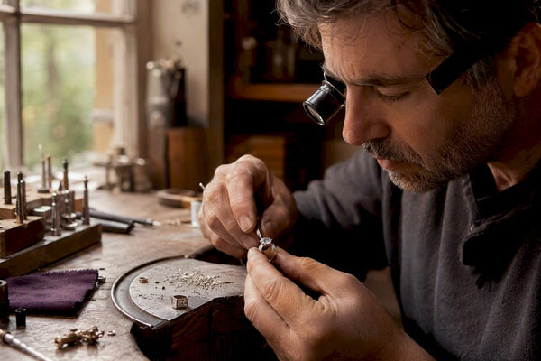 Jeweler securing moissanite stone with prongs