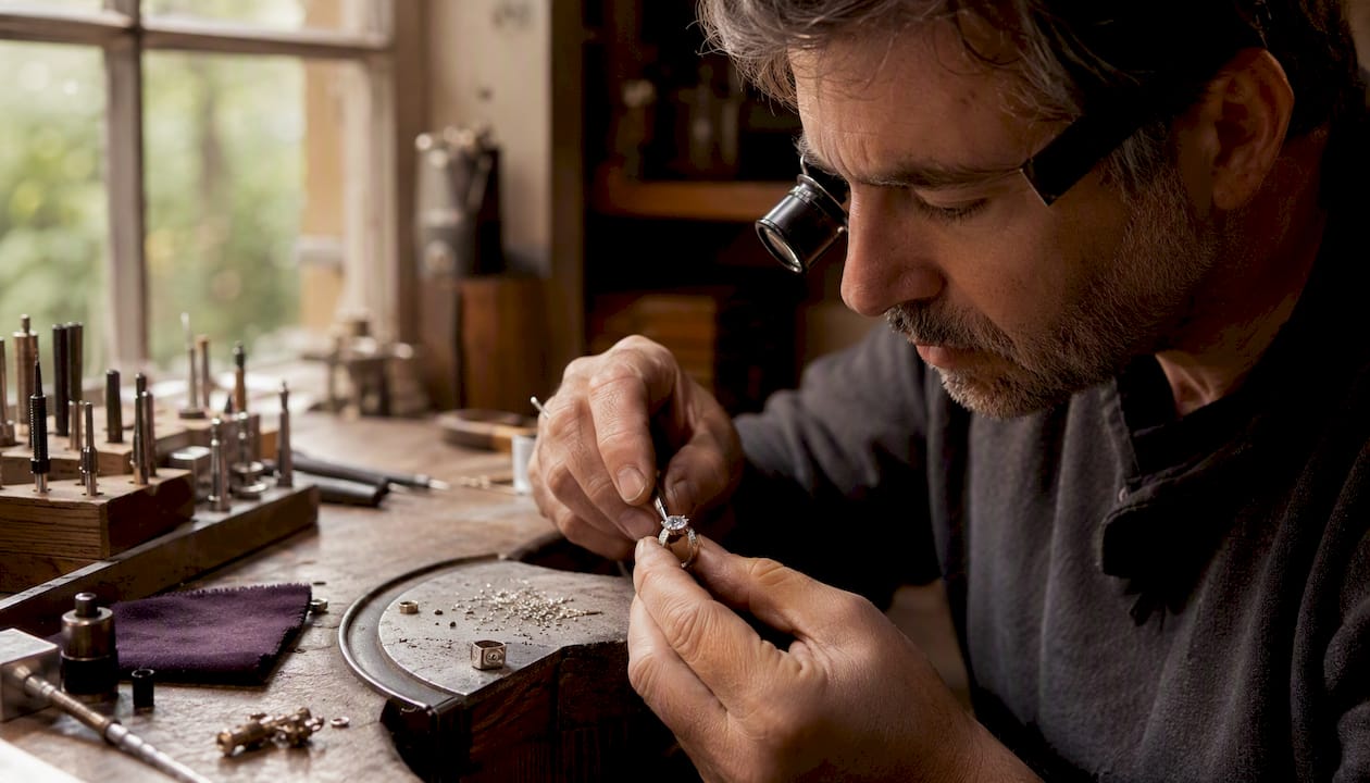 Jeweler securing moissanite stone with prongs