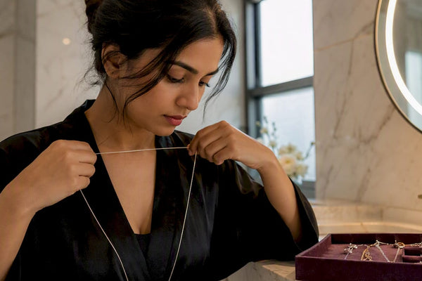 Woman measuring necklace length with string