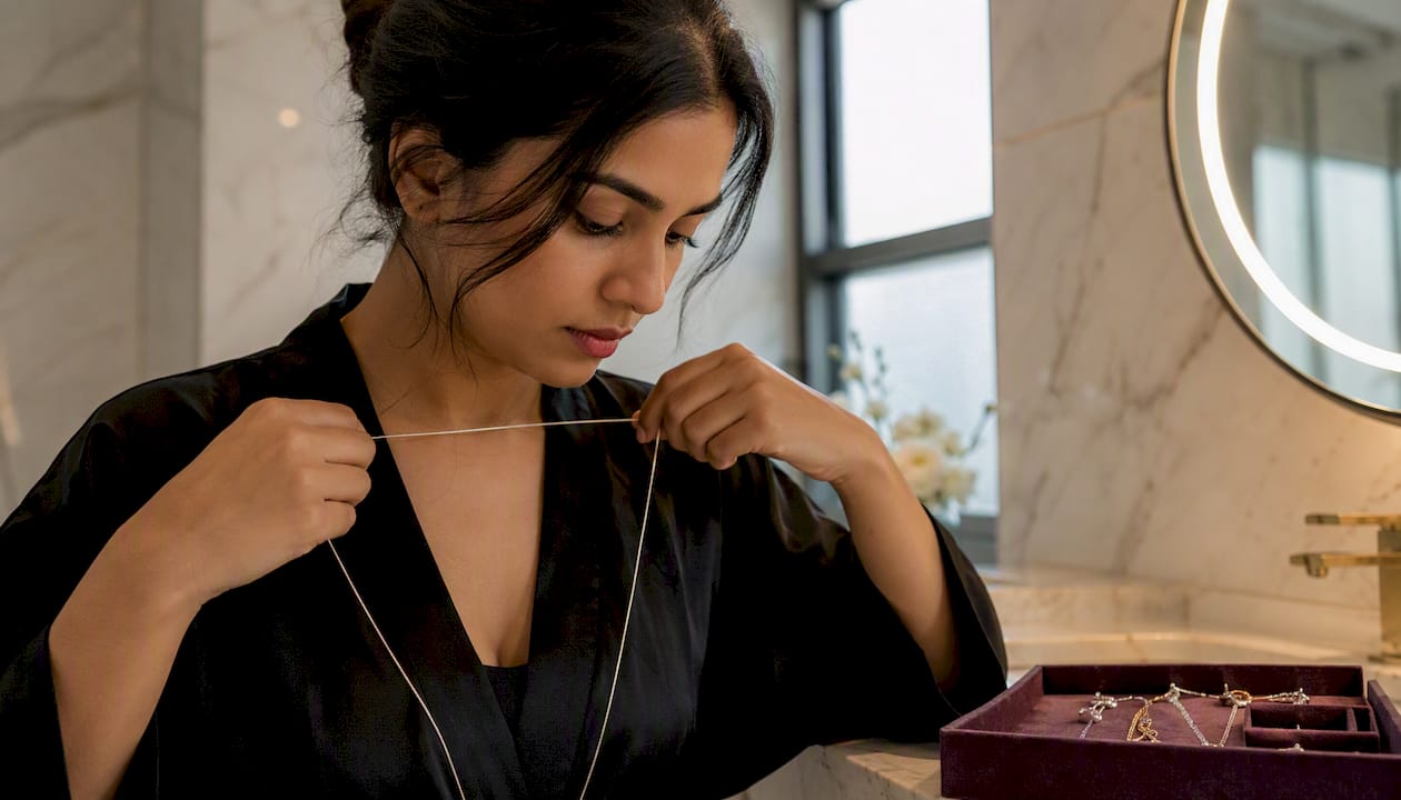 Woman measuring necklace length with string