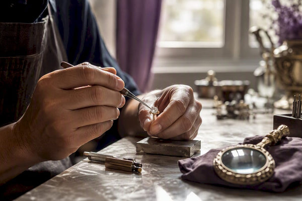 Artisan hands setting sustainable jewel