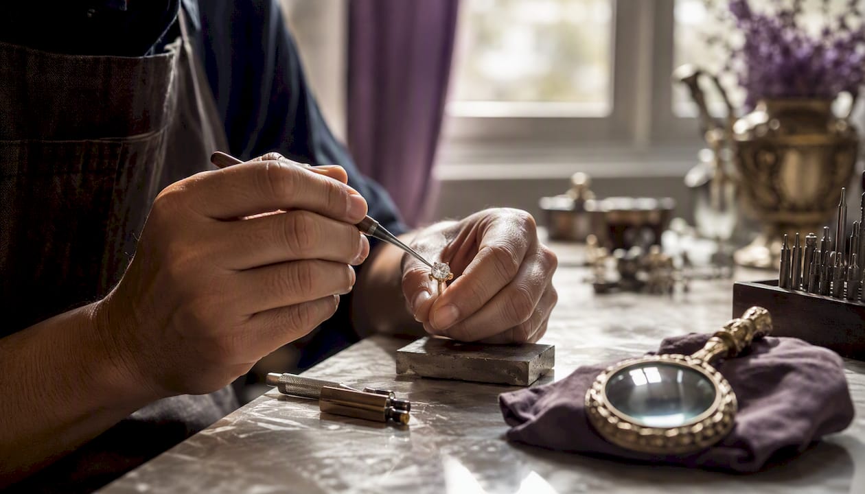 Artisan hands setting sustainable jewel