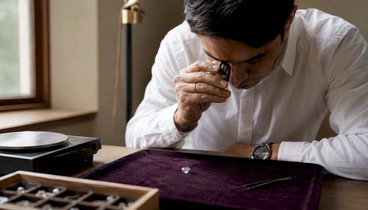 Hands calculating diamond price per carat