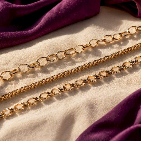 Close-up of different chain link styles