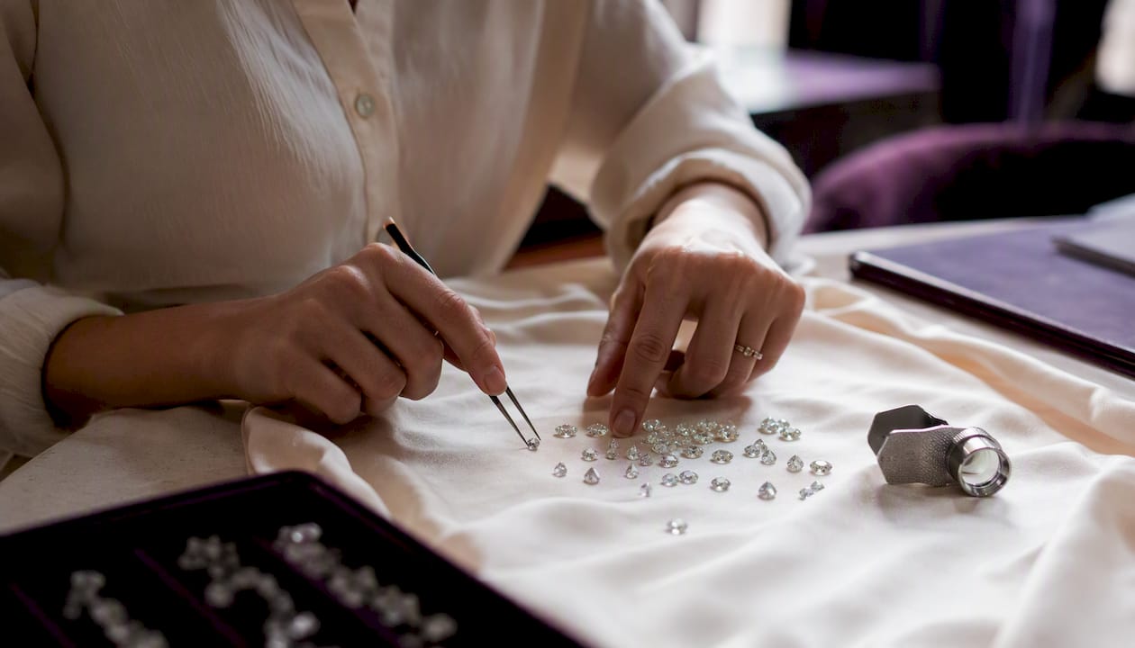 Hands measuring moissanite ring and stones